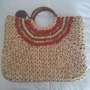 Handcrafted Straw Tote Bag with Red Accents; SUN AND SAND